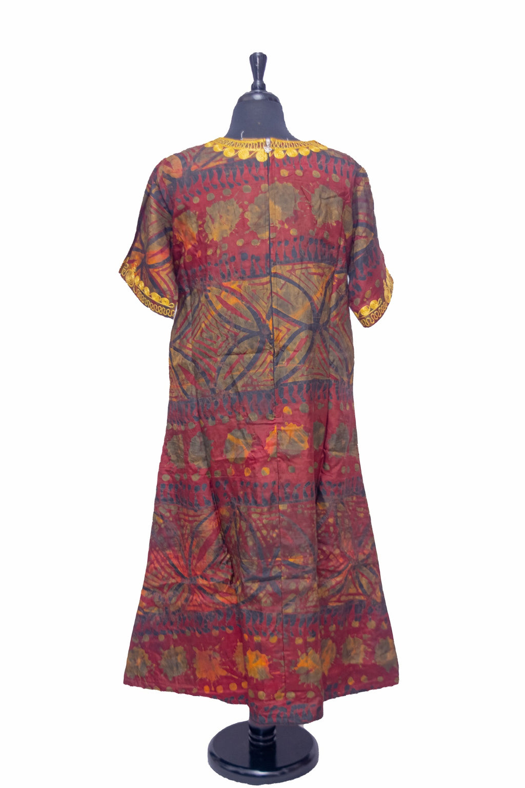 African Batik Shift Dress — Crimson Batik with Gold Embroidered Centre Placket