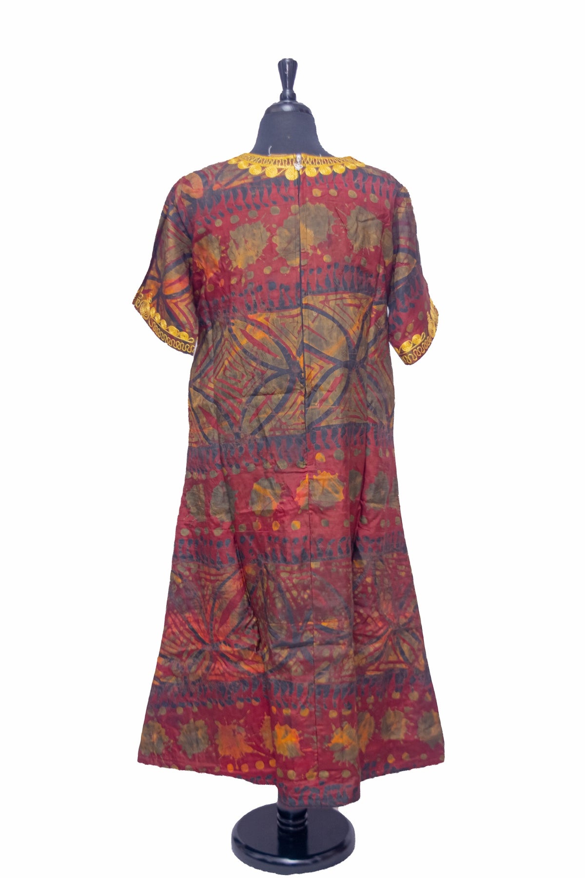 African Batik Shift Dress — Crimson Batik with Gold Embroidered Centre Placket