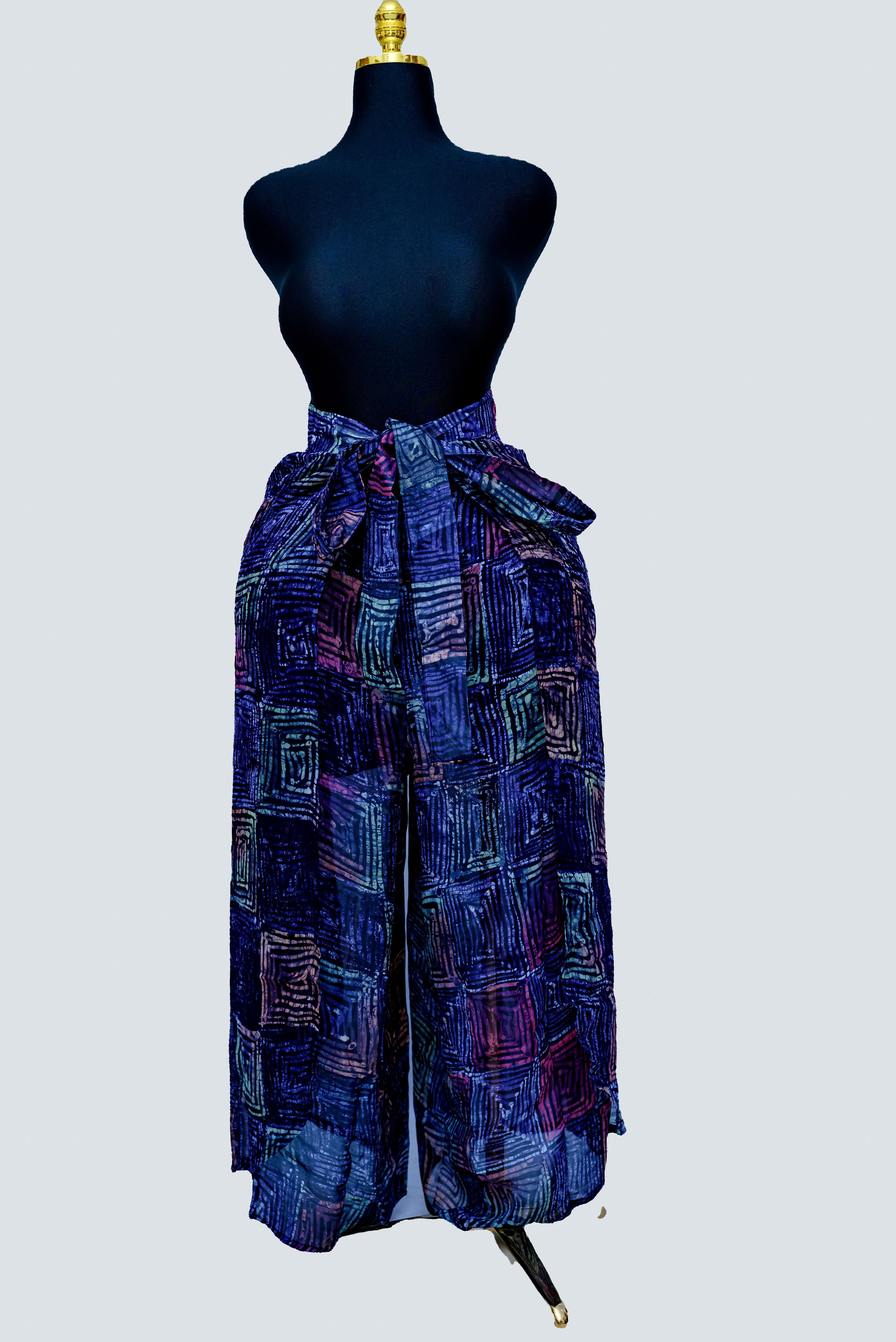 African Batik Wide-Leg Wrapper Culottes — Navy Concentric Square Maze with Bow Tie Waist