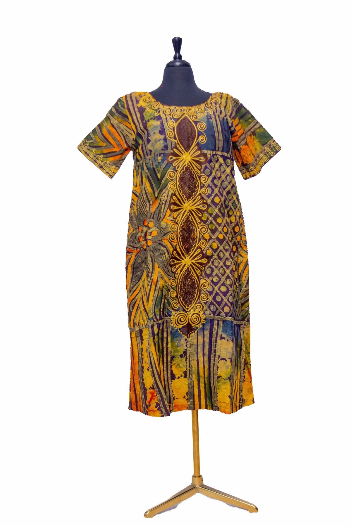 African Batik Shift Dress — Sunset Gold Print with Embroidered Centre Placket