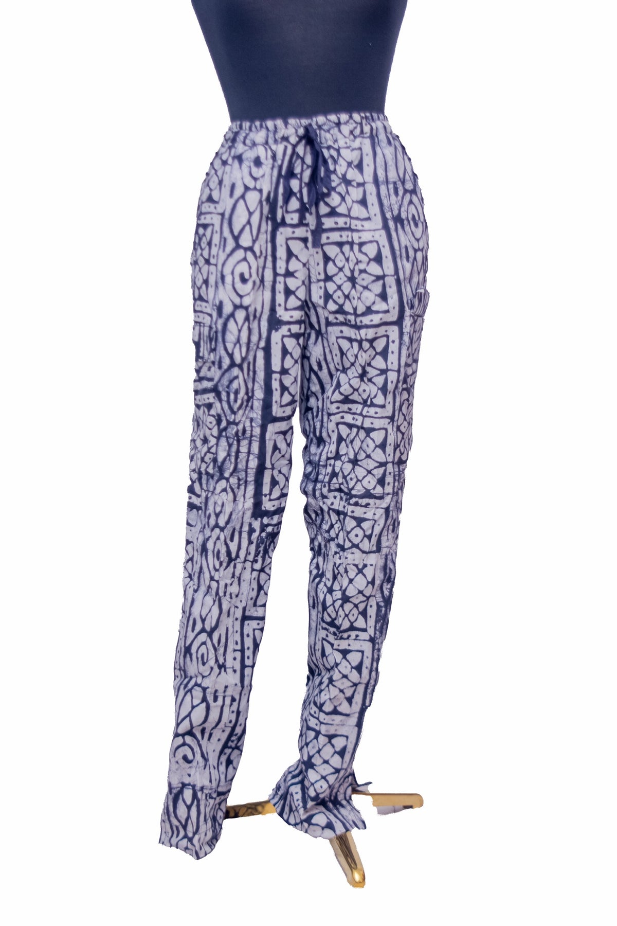 African Batik Drawstring Trousers — Indigo Tile Geometric Print