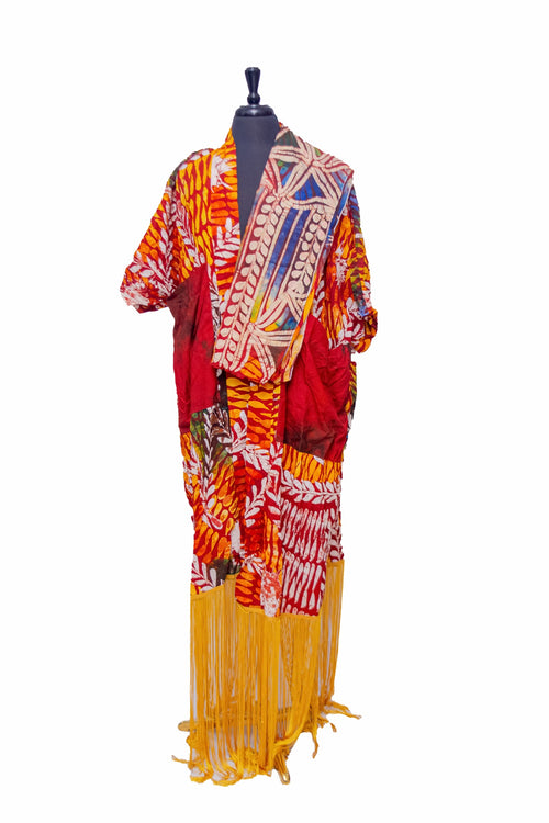 African Batik Kaftan — Red & Orange Leaf Print with Yellow Fringe Hem