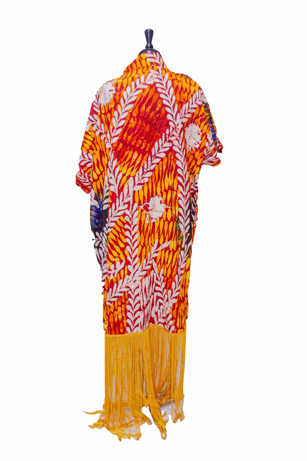 African Batik Kaftan — Red & Orange Leaf Print with Yellow Fringe Hem