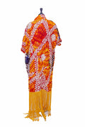 African Batik Kaftan — Red & Orange Leaf Print with Yellow Fringe Hem