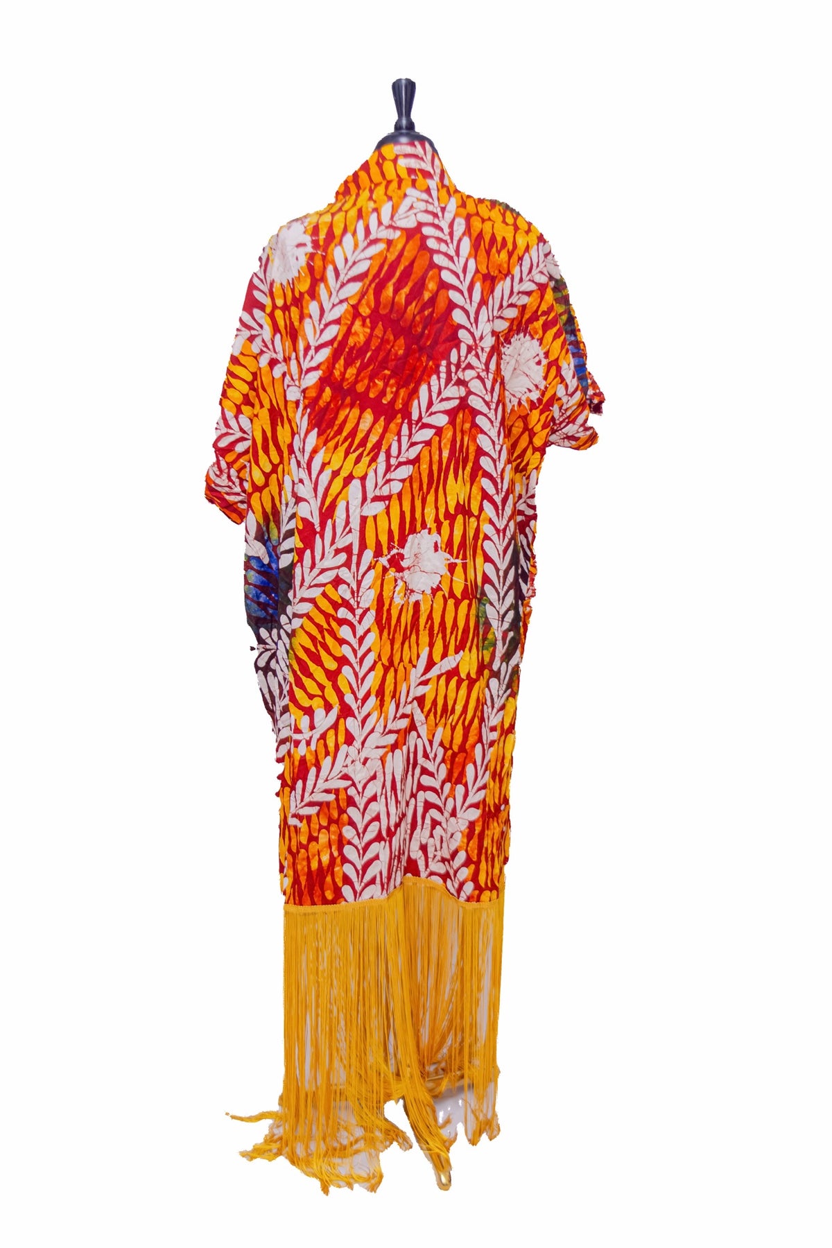 African Batik Kaftan — Red & Orange Leaf Print with Yellow Fringe Hem