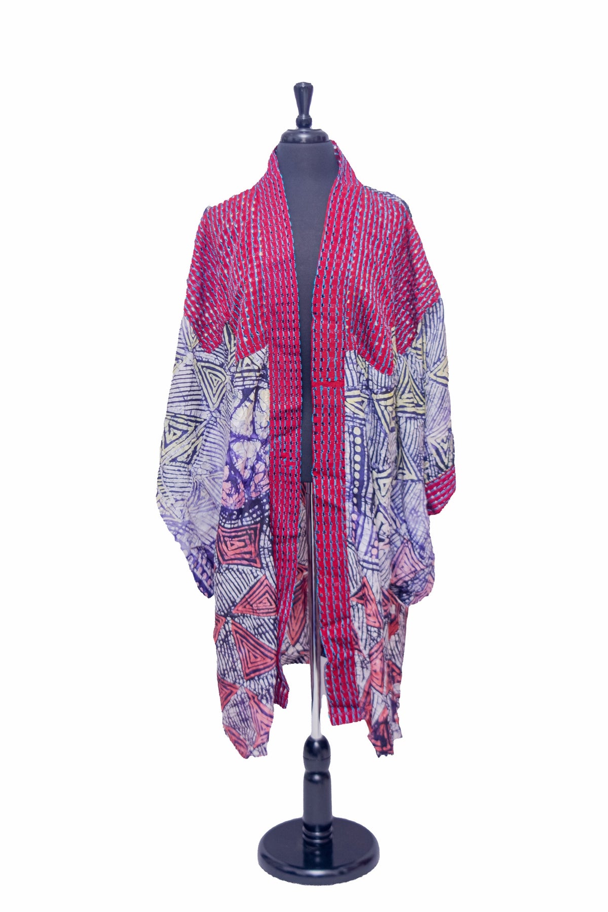 African Batik & Aso Oke Kimono Robe — Red Woven Bodice with Navy & Coral Triangle Batik