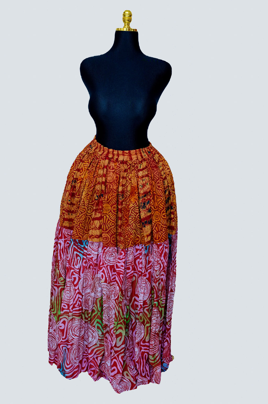 African Batik Tiered Maxi Skirt — Amber Fish Motif & Hot Pink Spiral Circle