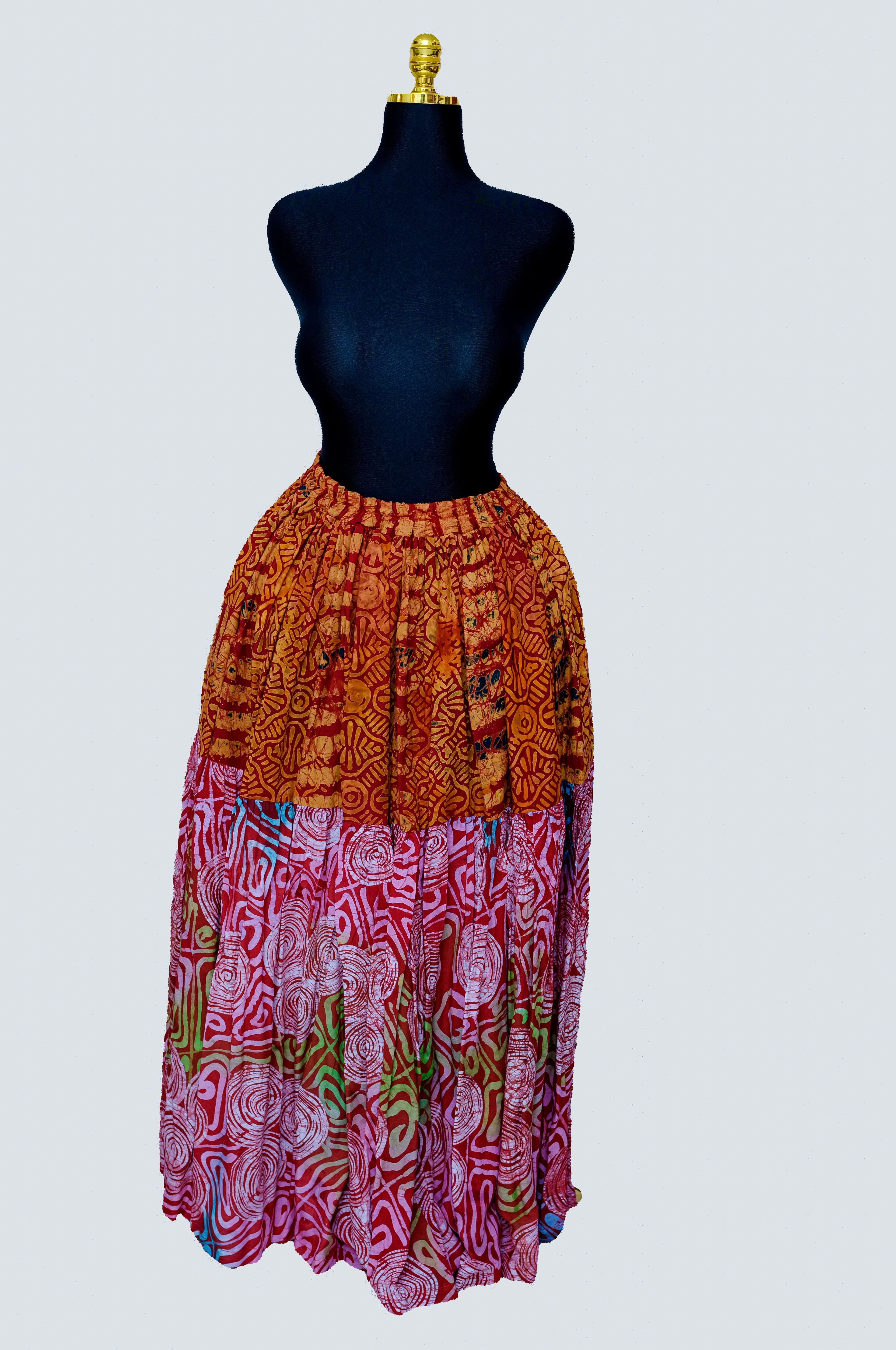 African Batik Tiered Maxi Skirt — Amber Fish Motif & Hot Pink Spiral Circle