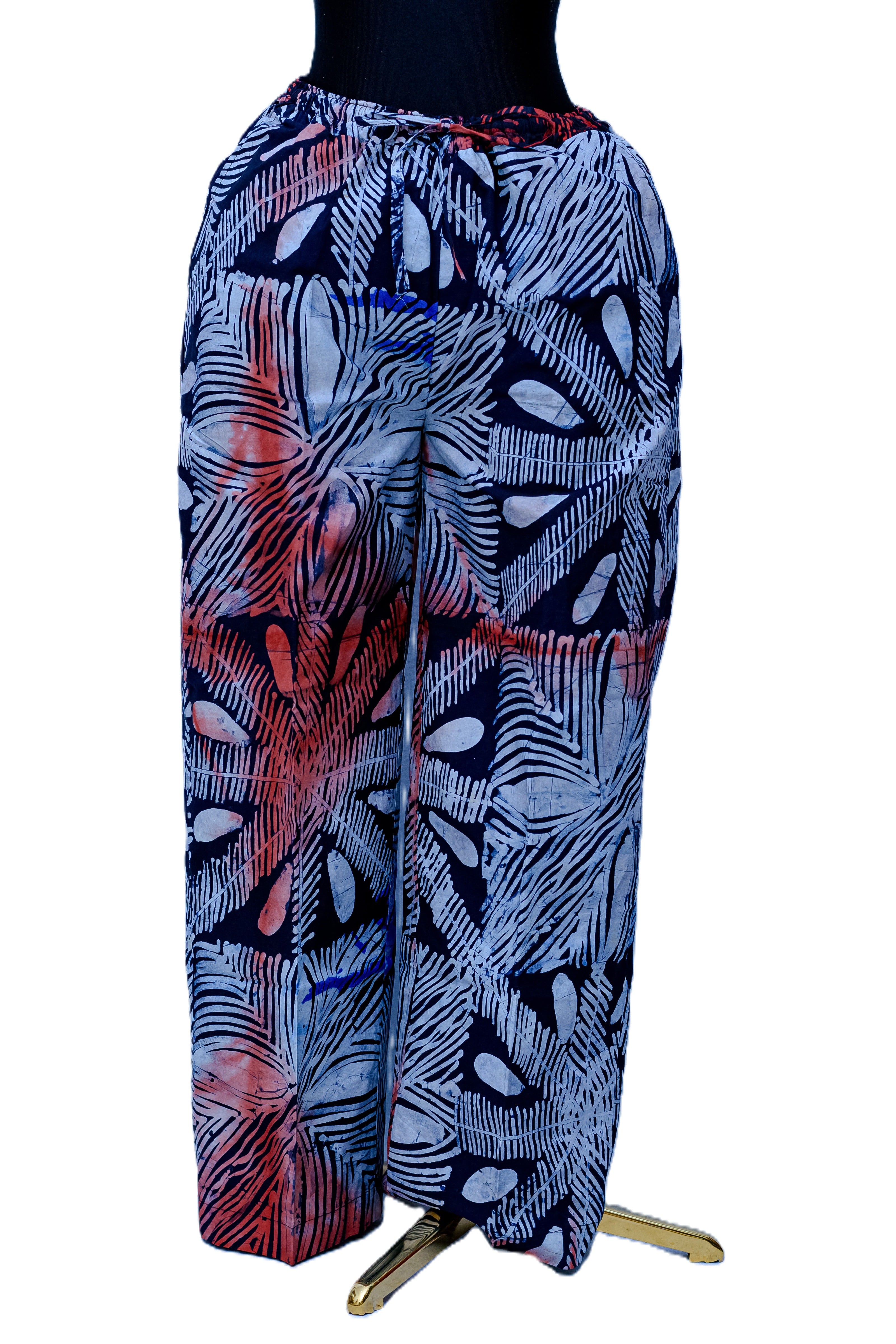 African Batik Women’s Wide-Leg Trousers — Navy Palm Frond & Coral Wash