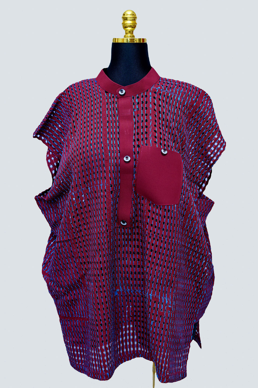Aso Oke Oversized Top — Crimson Open-Weave Grid with Mandarin Collar