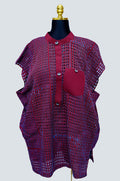 Aso Oke Oversized Top — Crimson Open-Weave Grid with Mandarin Collar