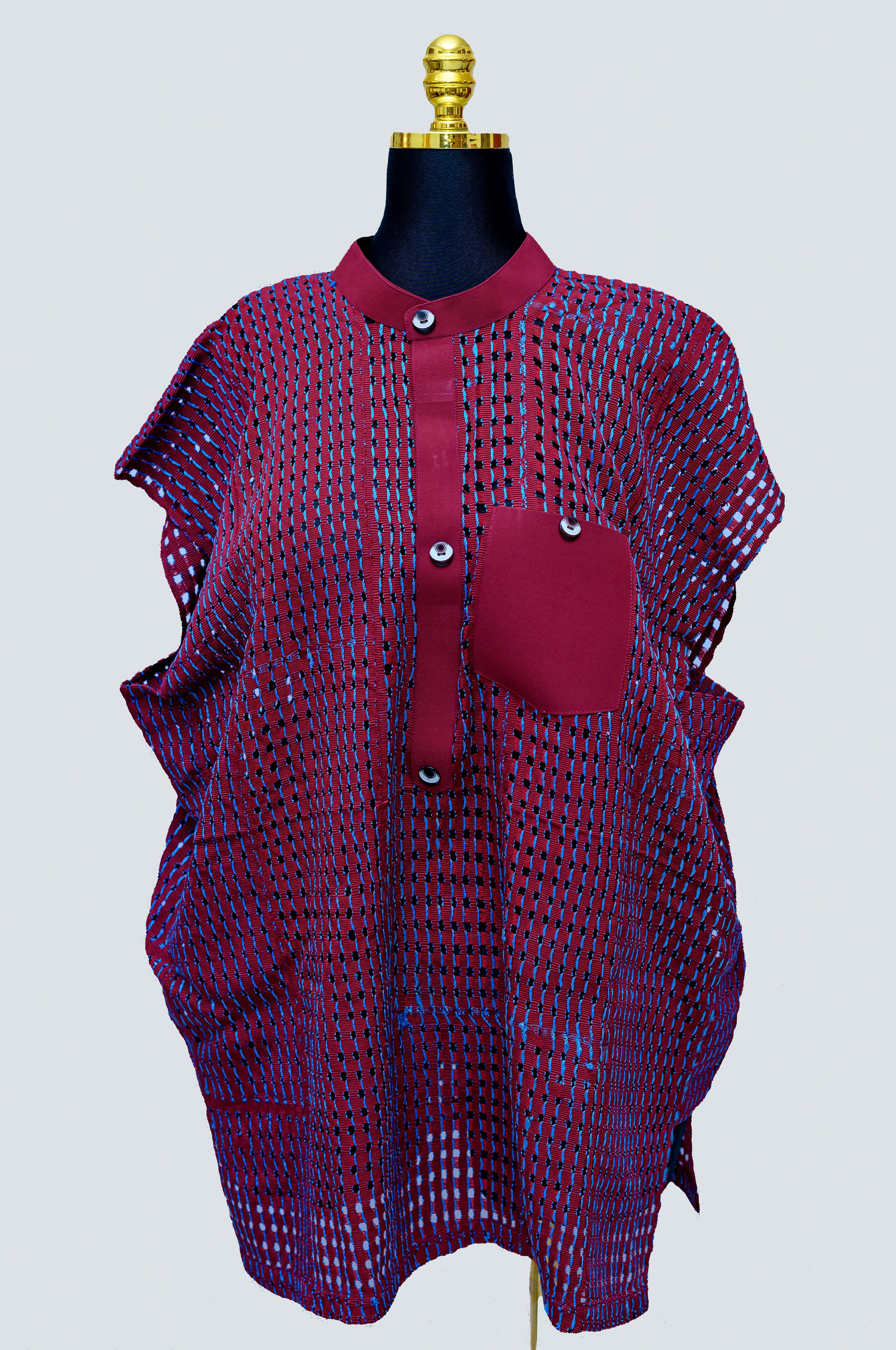 Aso Oke Oversized Top — Crimson Open-Weave Grid with Mandarin Collar