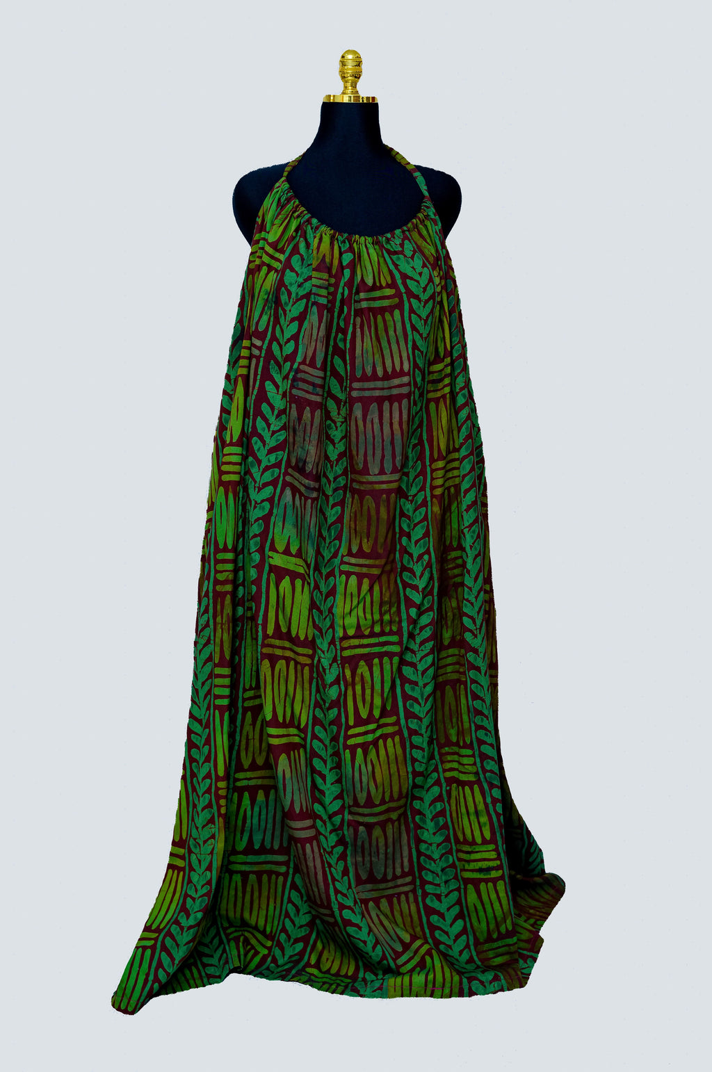 African Batik Halterneck Maxi Dress — Emerald Fern & Vertical Stripe Open Back