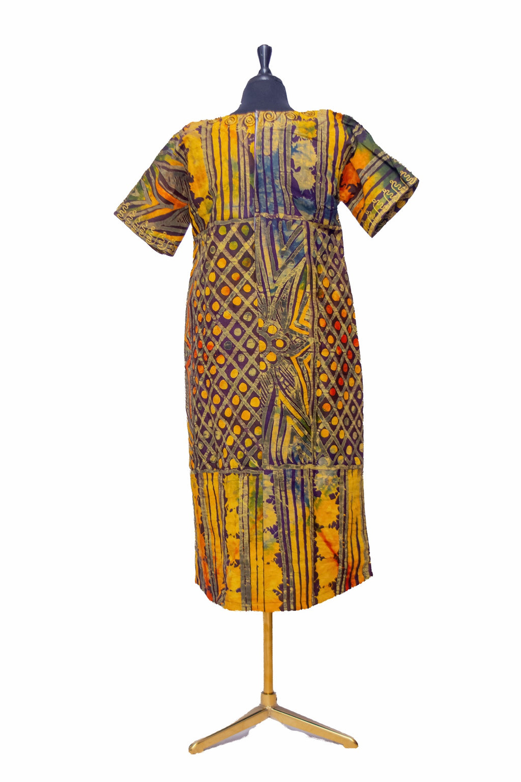 African Batik Shift Dress — Sunset Gold Print with Embroidered Centre Placket