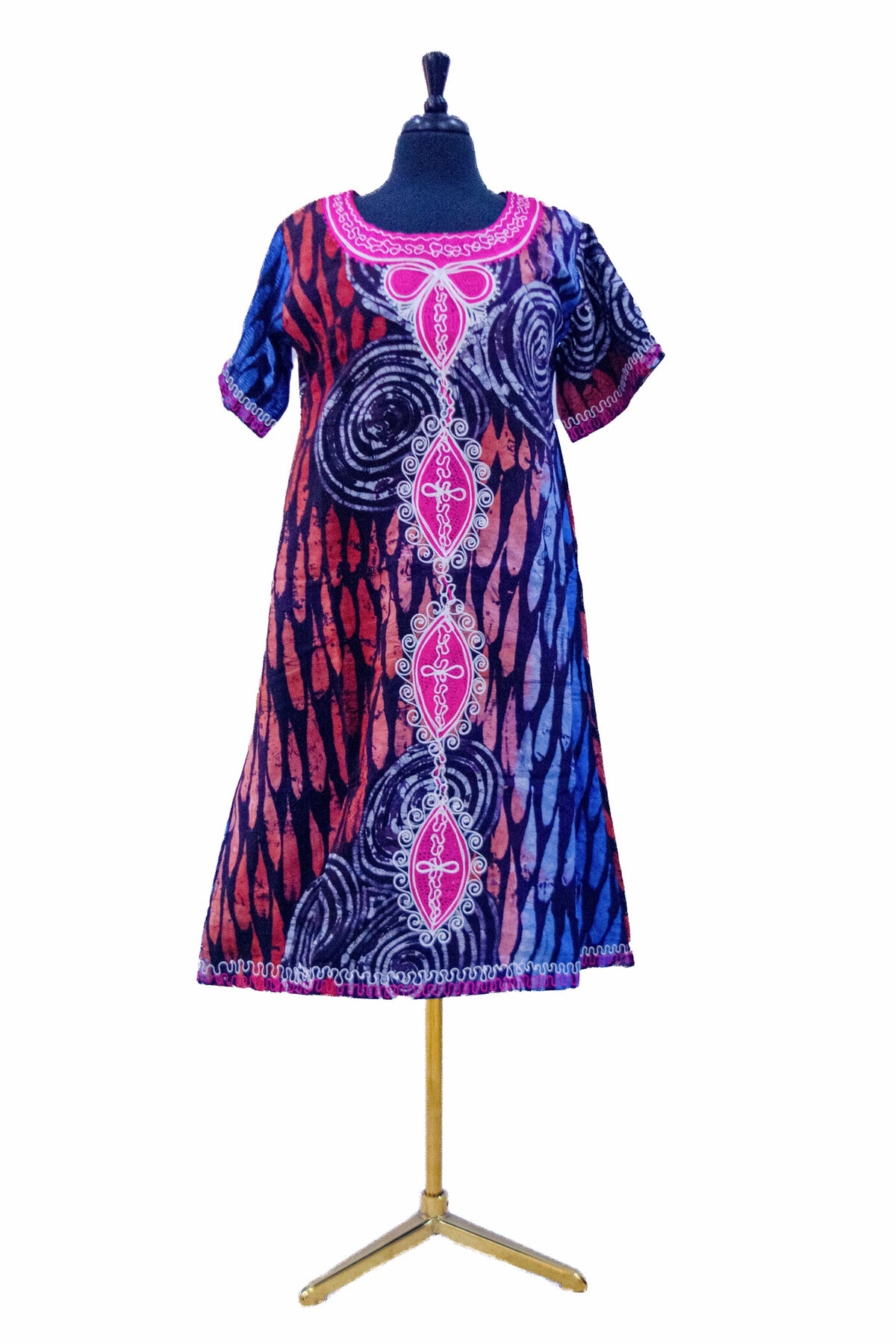 African Batik A-Line Dress — Swirl & Flame Print with Embroidered Centre Placket