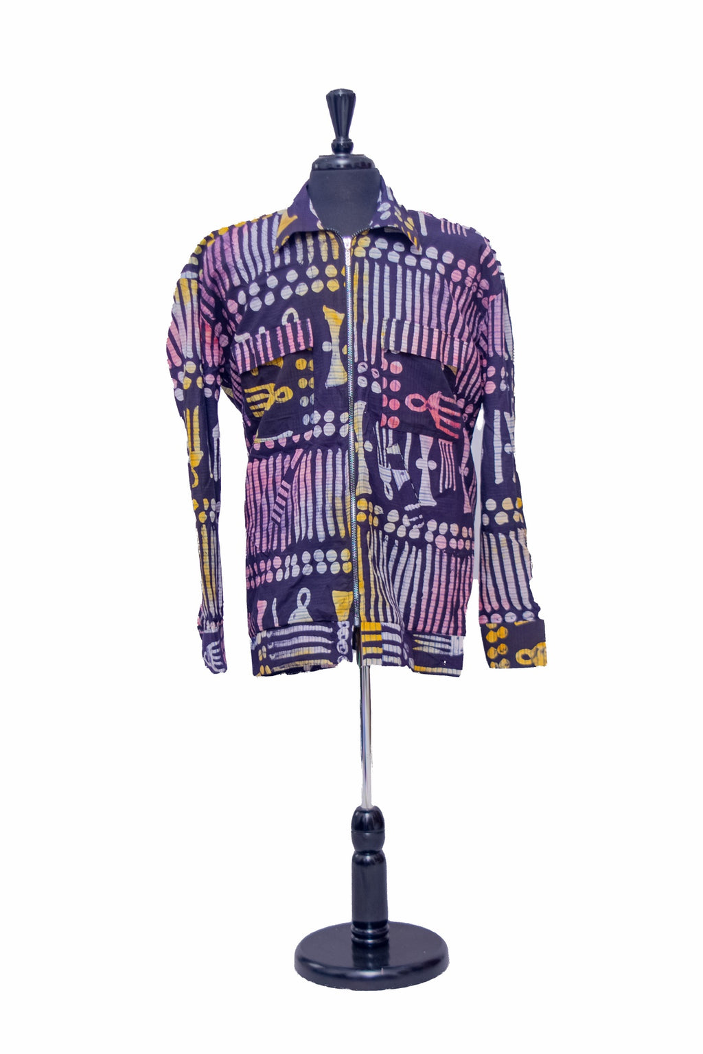 African Batik Two-Piece Set — Navy Tribal Print with Zip-Front Shirt & Wide-Leg Trousers