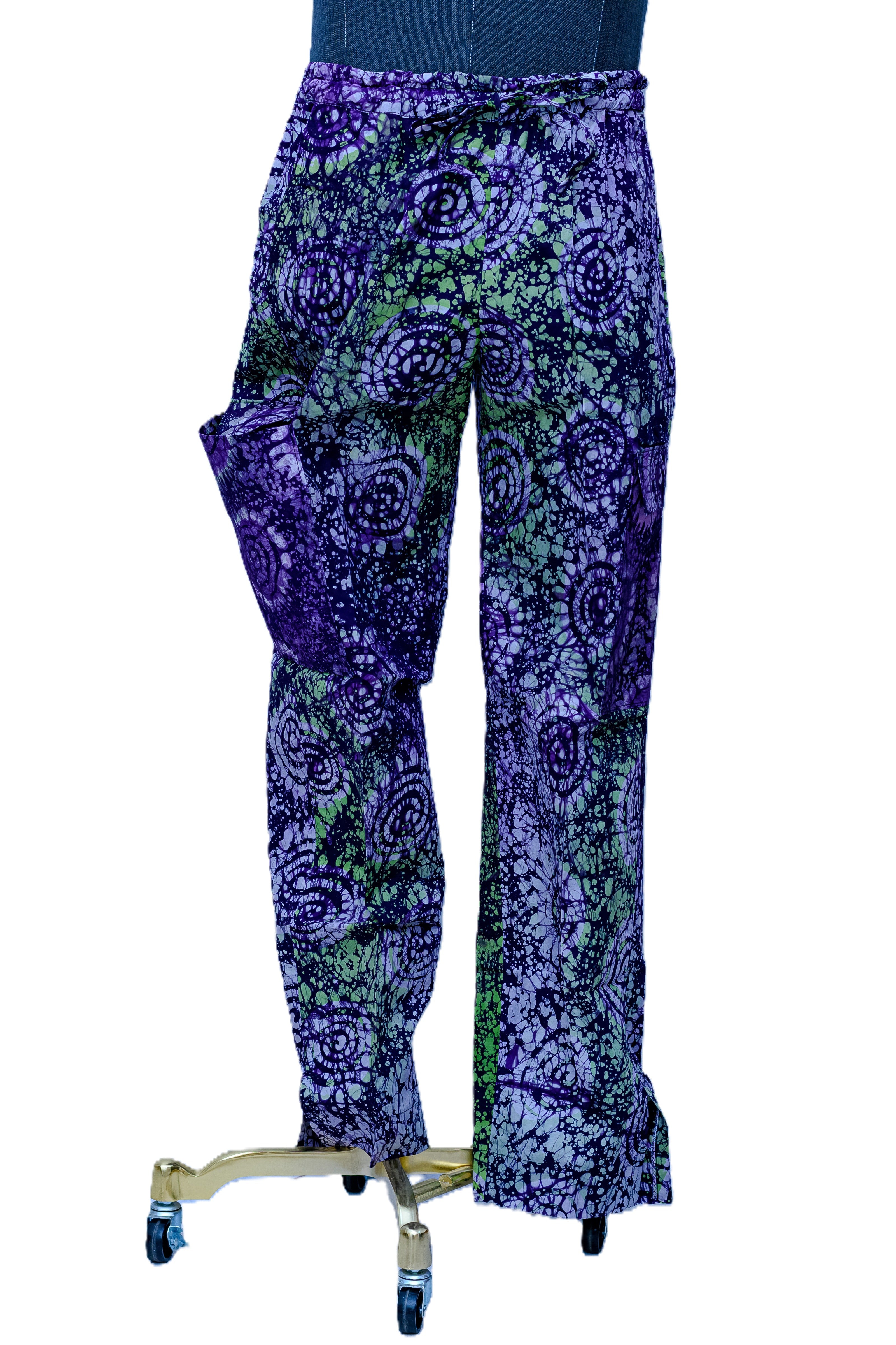 African Batik Men’s Wide-Leg Trousers — Navy & Lavender Spiral Web Print