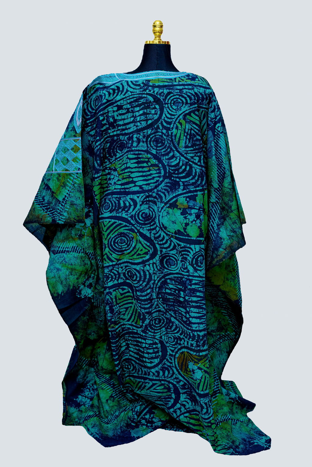 African Batik Kaftan & Shawl — Teal & Forest Green Swirl with Pale Blue Cutwork Lace Yoke