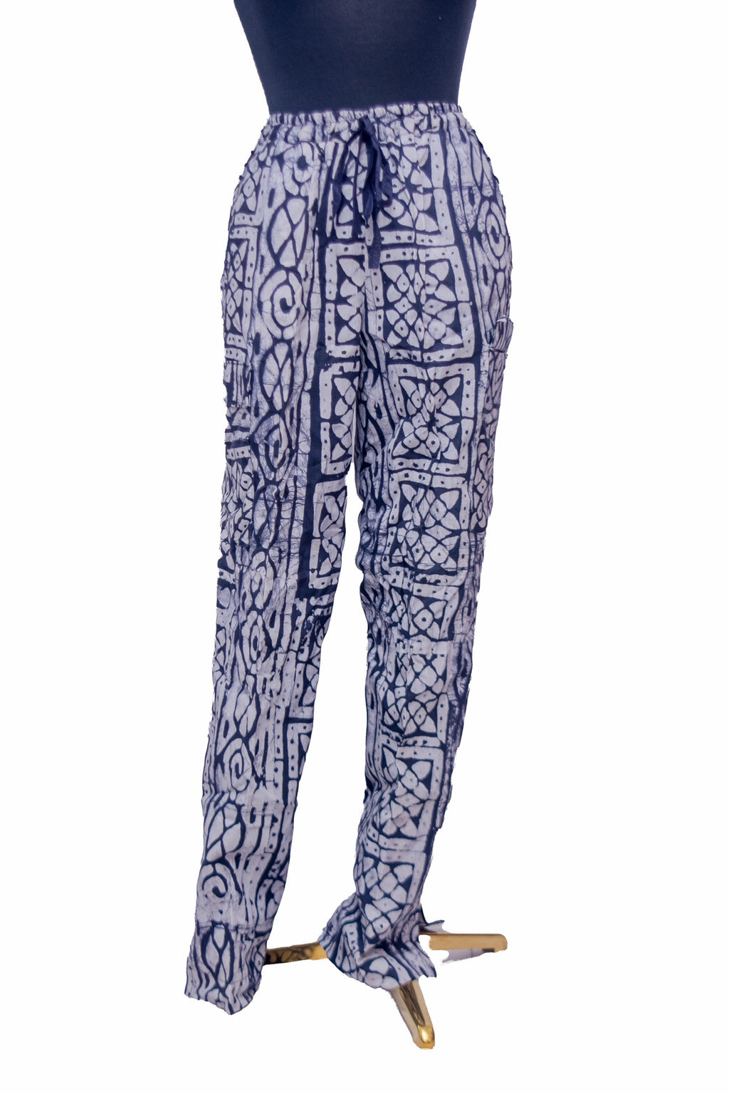 African Batik Drawstring Trousers — Indigo Tile Geometric Print