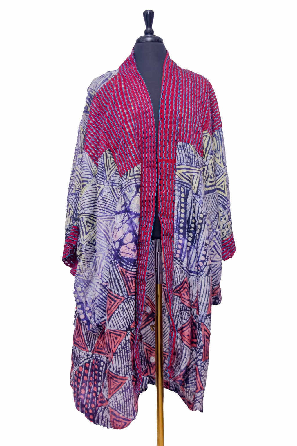 African Batik & Aso Oke Kimono Robe — Red Woven Bodice with Navy & Coral Triangle Batik