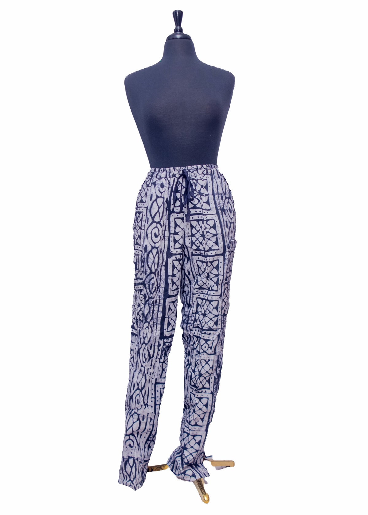 African Batik Drawstring Trousers — Indigo Tile Geometric Print