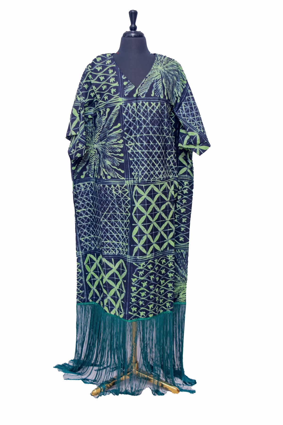 African Batik Kaftan — Navy & Lime Patchwork Print with Teal Fringe Hem