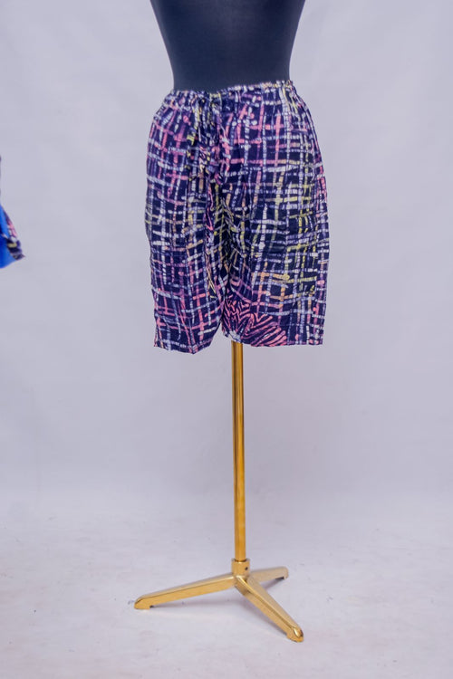 African Batik Lounge Co-ord Set — Navy Crosshatch Print Shorts, front view on stand