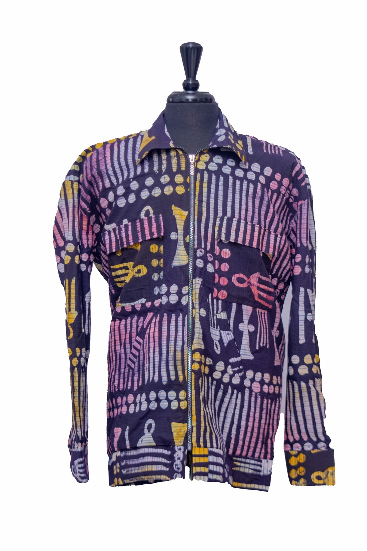 African Batik Two-Piece Set — Navy Tribal Print with Zip-Front Shirt & Wide-Leg Trousers