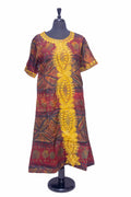 African Batik Shift Dress — Crimson Batik with Gold Embroidered Centre Placket