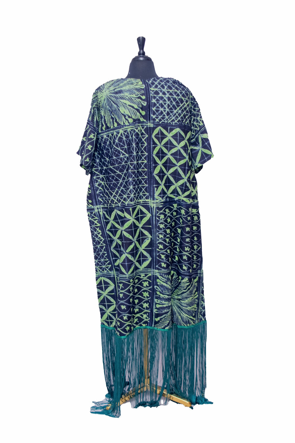 African Batik Kaftan — Navy & Lime Patchwork Print with Teal Fringe Hem