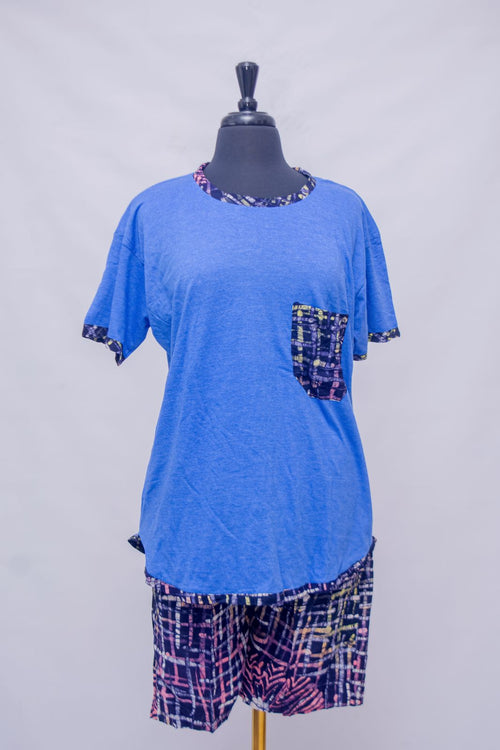 African Batik Lounge Co-ord Set — Navy Crosshatch Print Shorts & Royal Blue T-Shirt, full set styled view