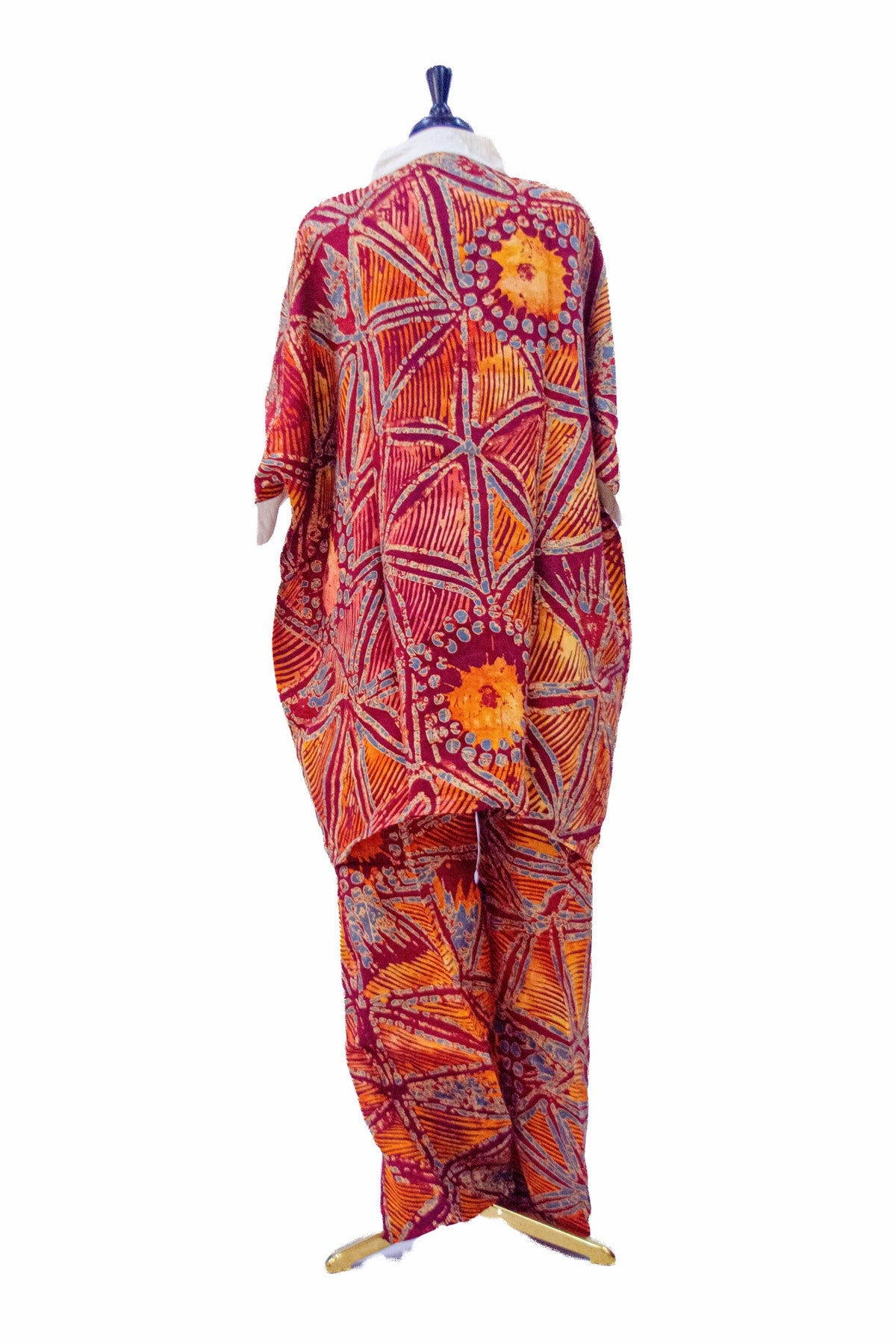 African Batik Co-ord Set — Crimson & Orange Sunburst Web Print Kaftan Top & Wide-Leg Trousers with Cream Trim
