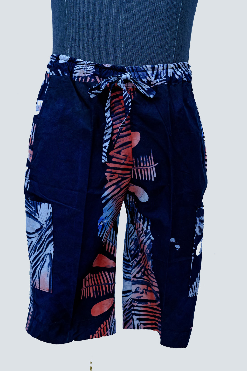 African Batik Men’s Shorts — Navy Patchwork Palm Frond & Zebra Print