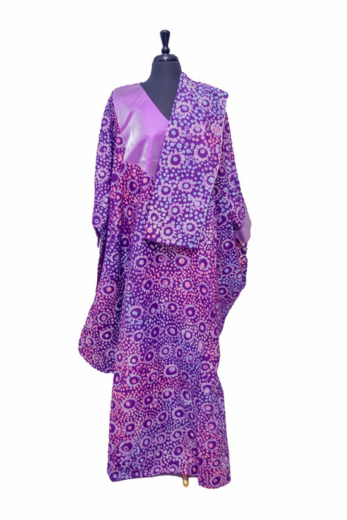 African Batik Kimono Robe — Purple Sunburst Ring Print with Satin V-Neck Panel