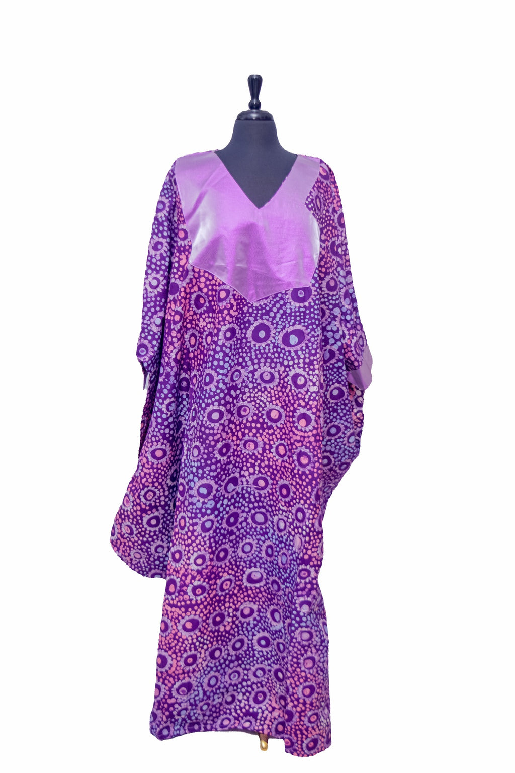 African Batik Kimono Robe — Purple Sunburst Ring Print with Satin V-Neck Panel