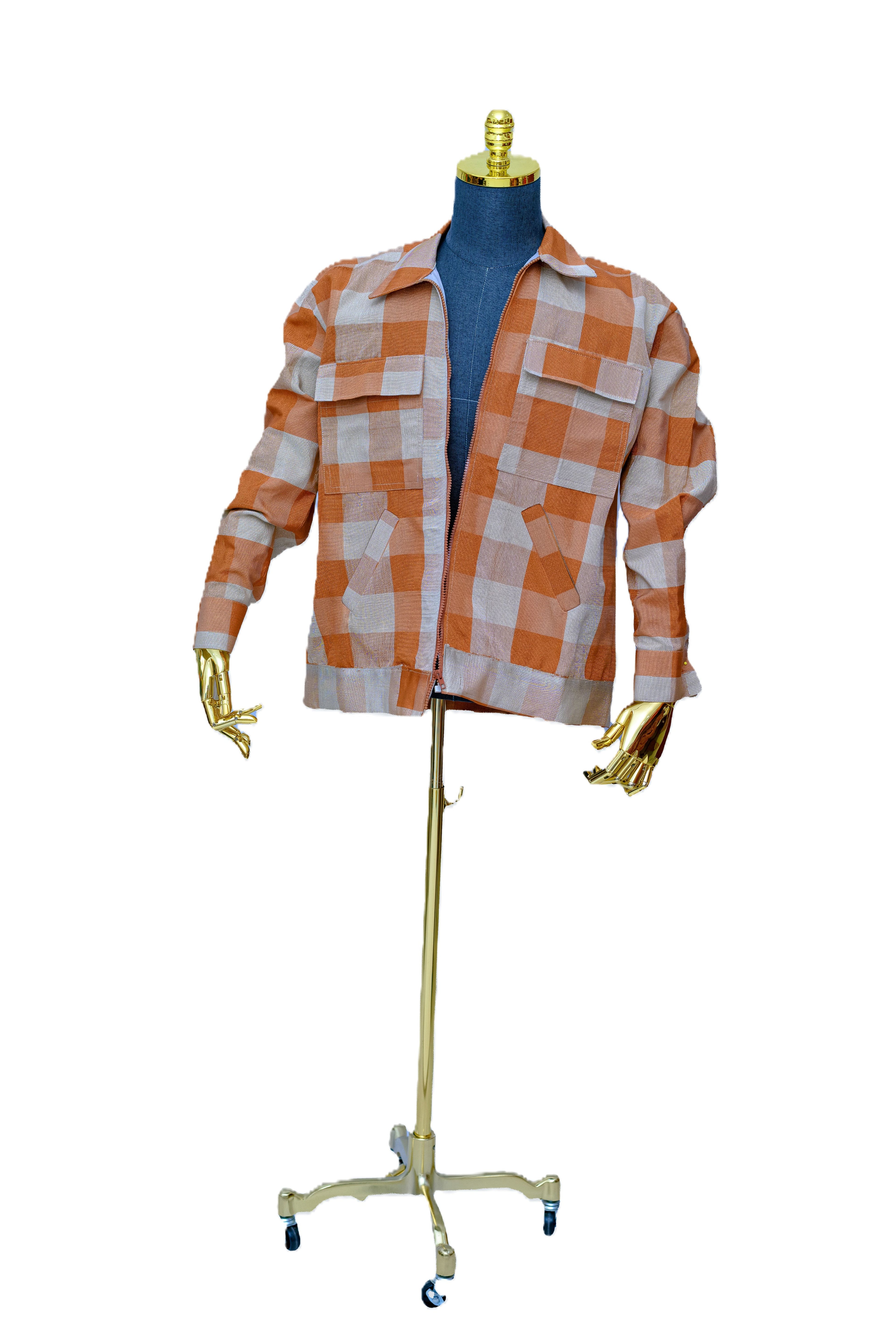 Aso Oke Men’s Buffalo Check Jacket — Terracotta & Cream Zip-Front