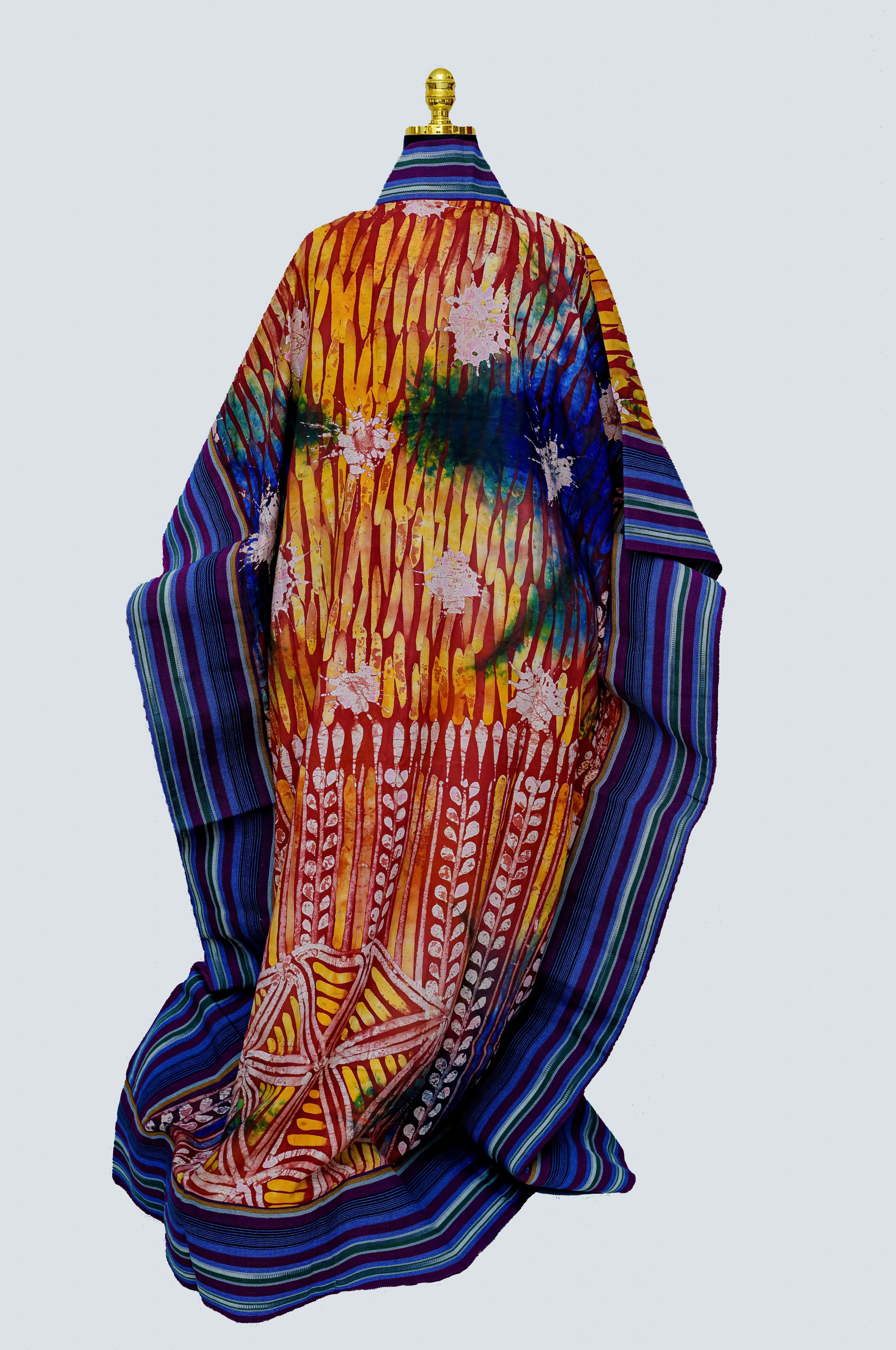 African Batik Patchwork Kaftan — Rainbow Stripe Border & Gold Flame Batik with Floral Splash
