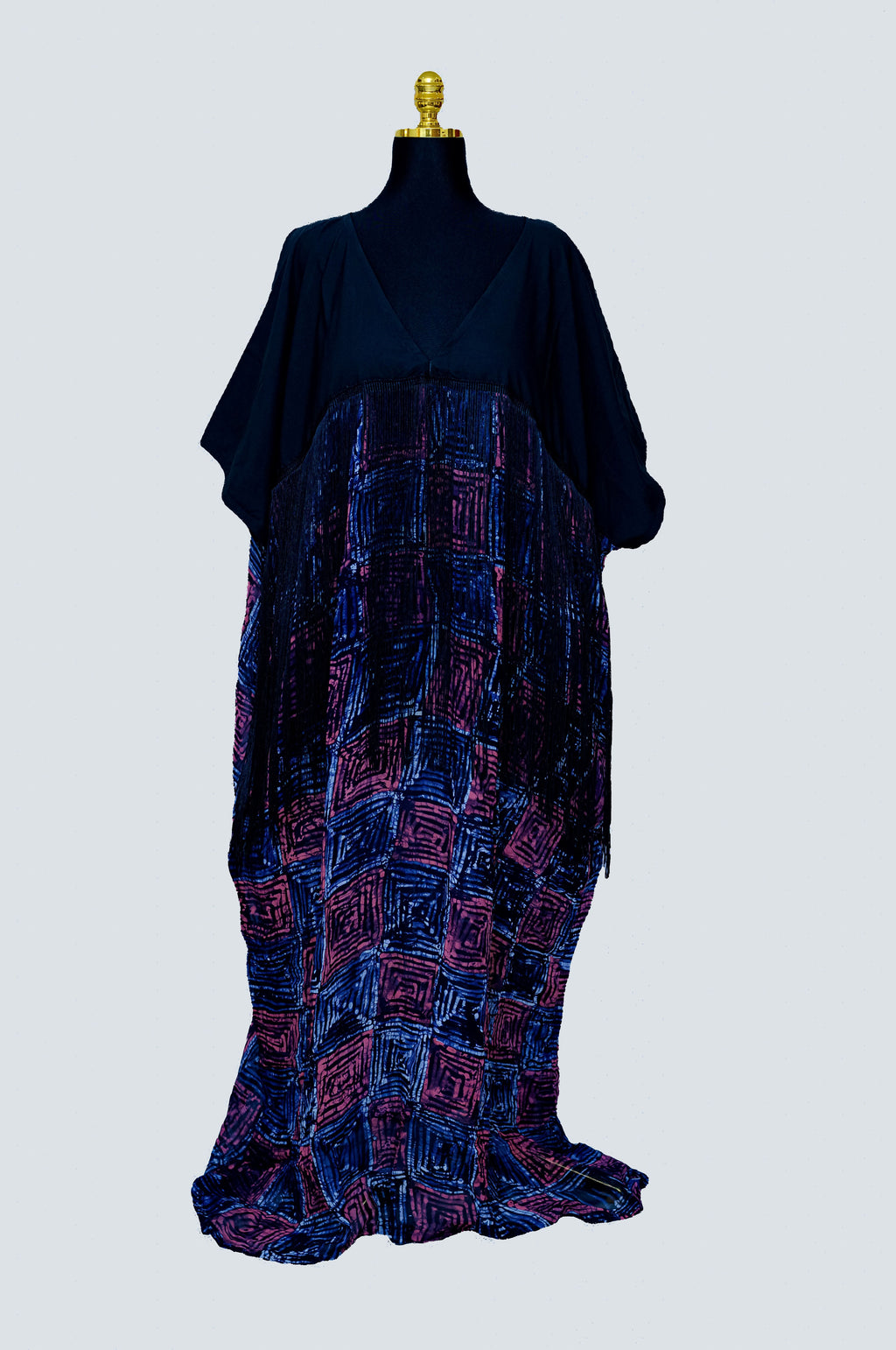African Batik Two-Tone Kaftan — Navy Bodice & Concentric Square Maze Skirt