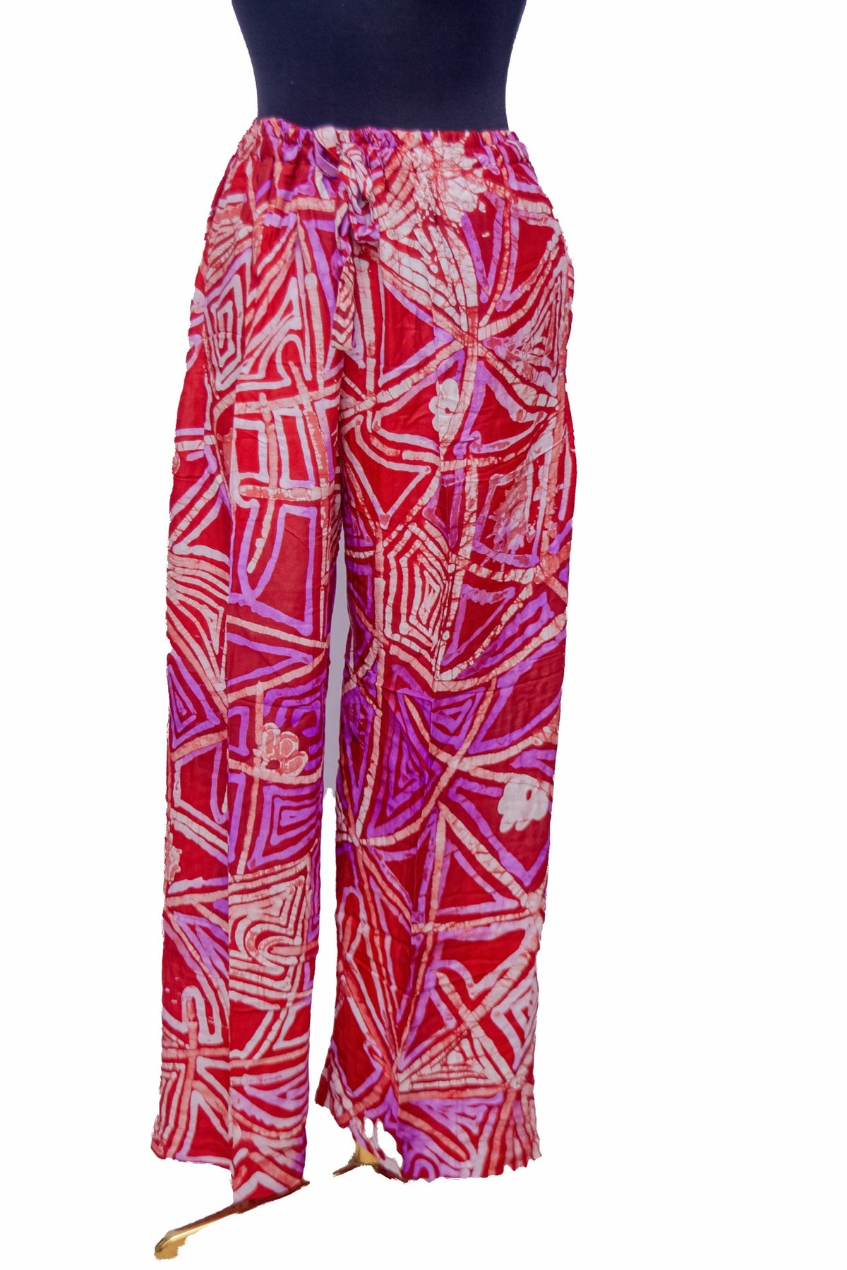 African Batik Co-ord Set — Crimson Red Geometric Print with Pocket Crop Top & Wide-Leg Trousers