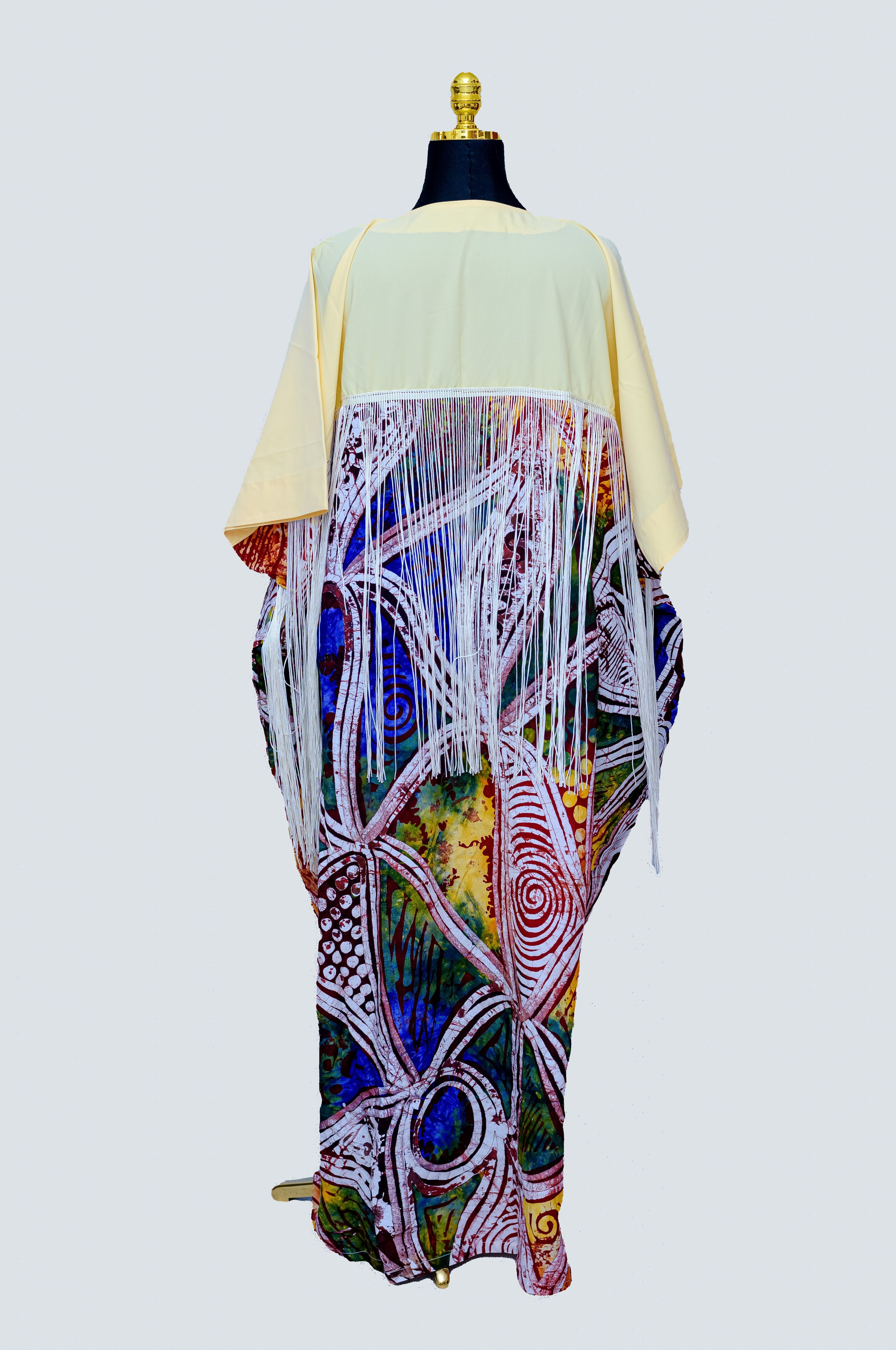 African Batik Starburst Kaftan — Cream Bodice & Multicolour Swirl Fringe Skirt