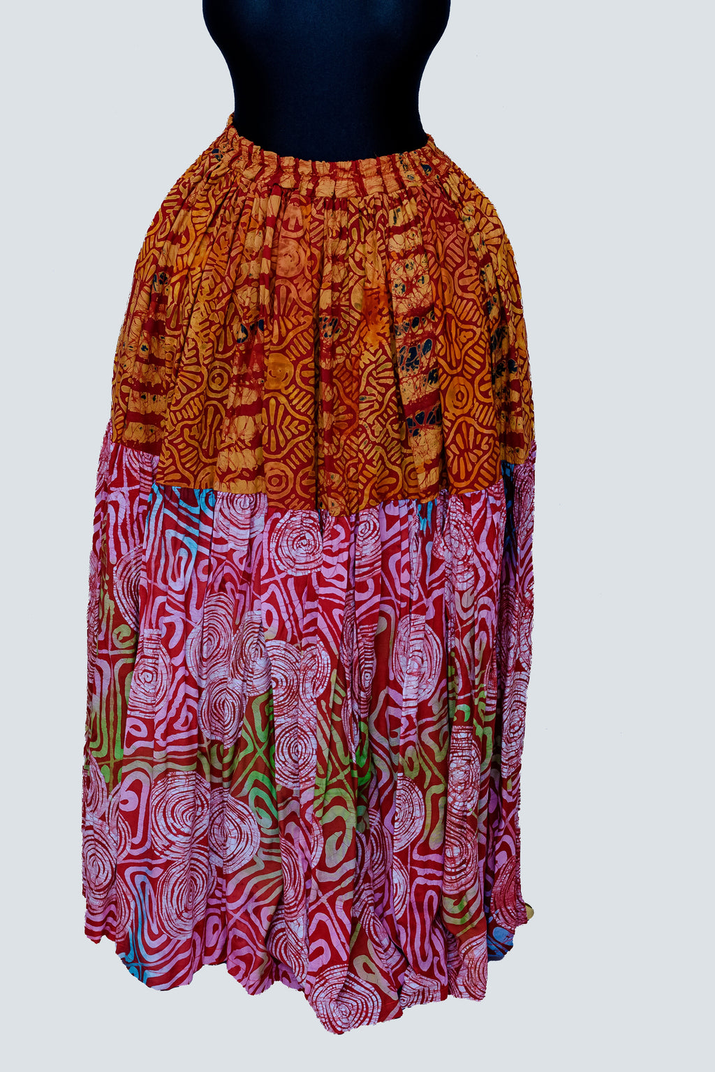 African Batik Tiered Maxi Skirt — Amber Fish Motif & Hot Pink Spiral Circle