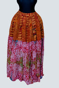 African Batik Tiered Maxi Skirt — Amber Fish Motif & Hot Pink Spiral Circle