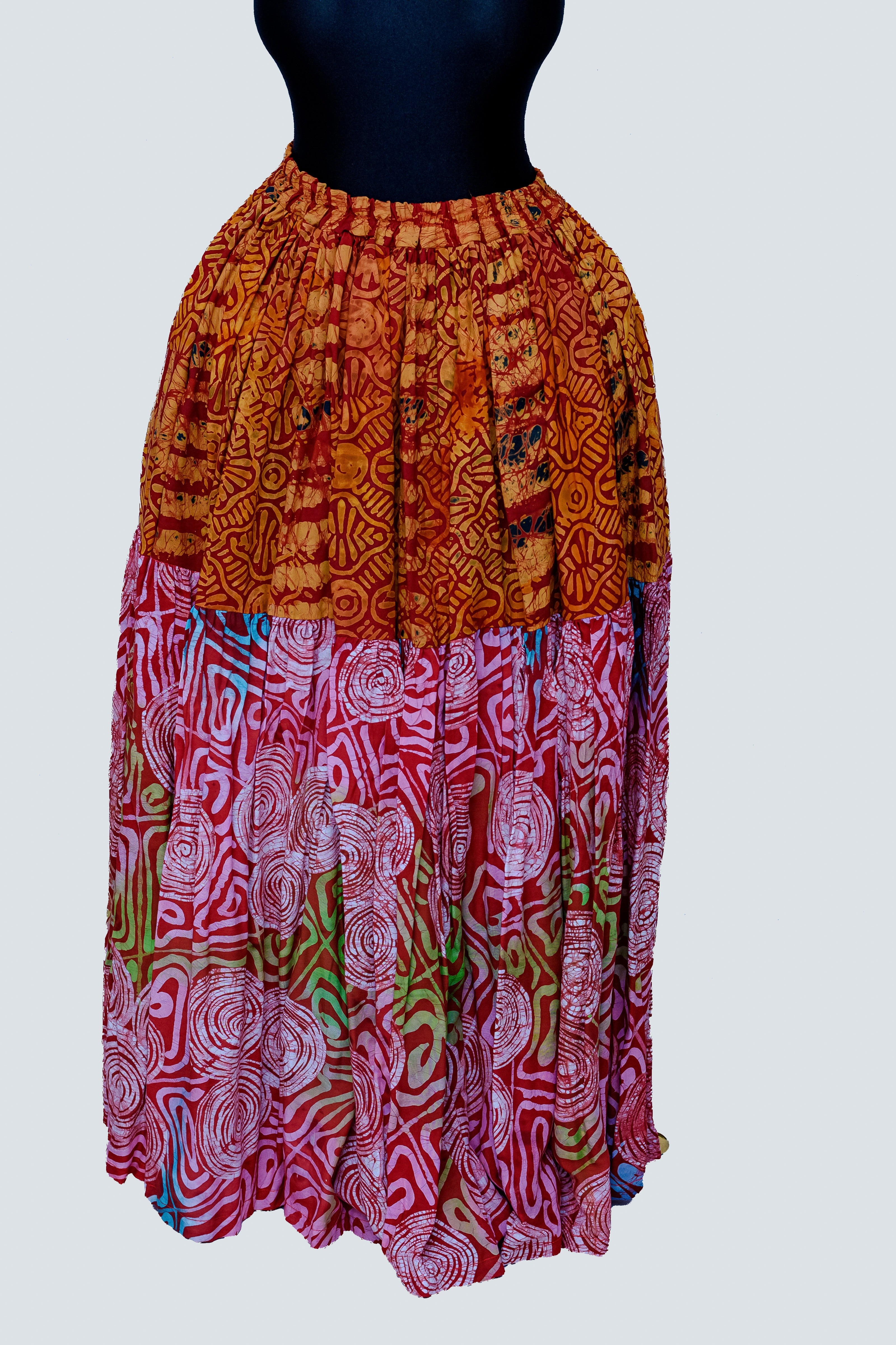 African Batik Tiered Maxi Skirt — Amber Fish Motif & Hot Pink Spiral Circle