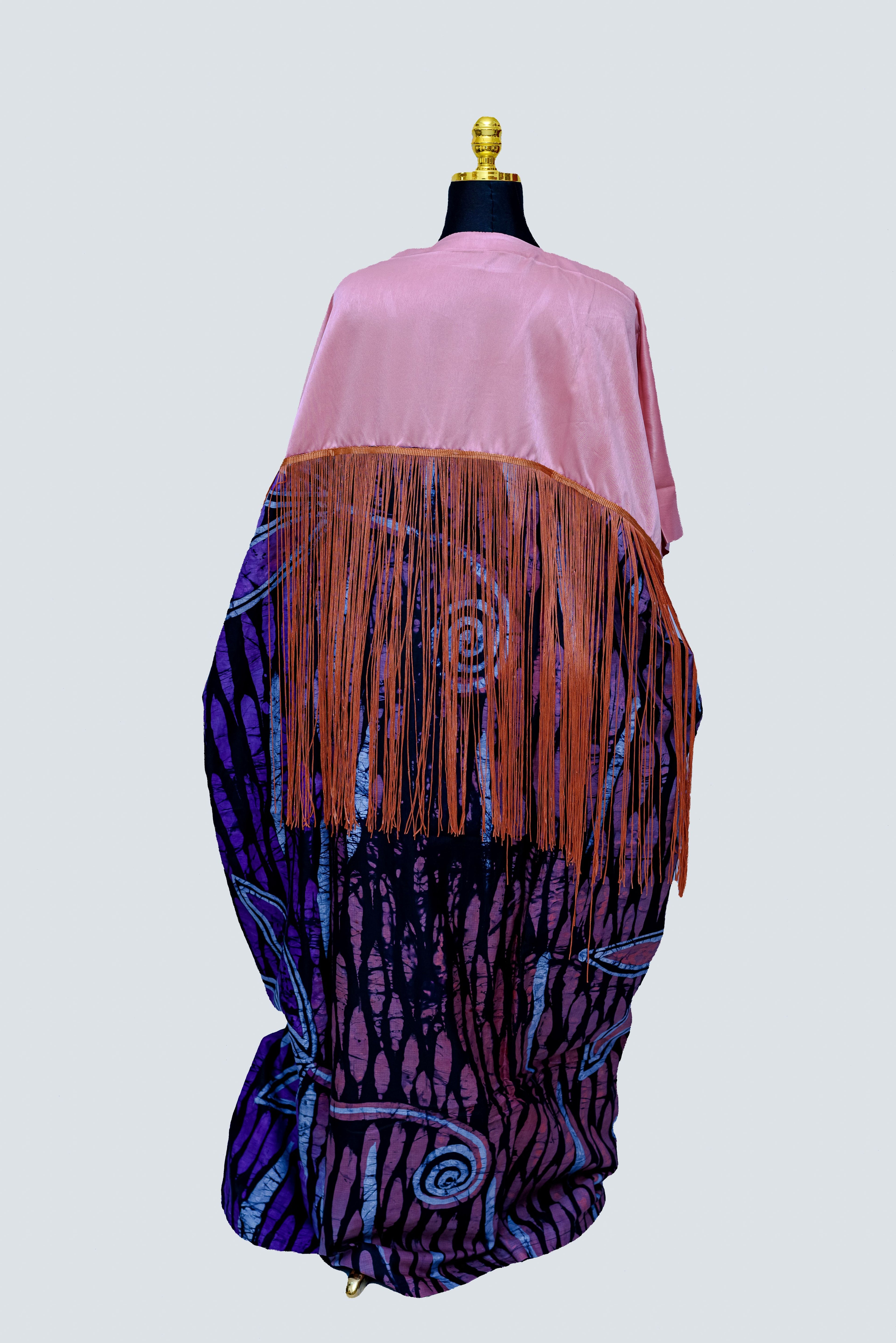 African Batik Kaftan — Blush Pink Bodice & Purple Spiral Skirt with Rust Fringe