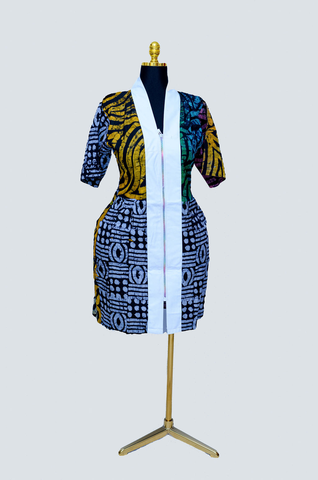 African Batik Patchwork Mini Dress — Navy Circle Grid & Gold Swirl with White Zip