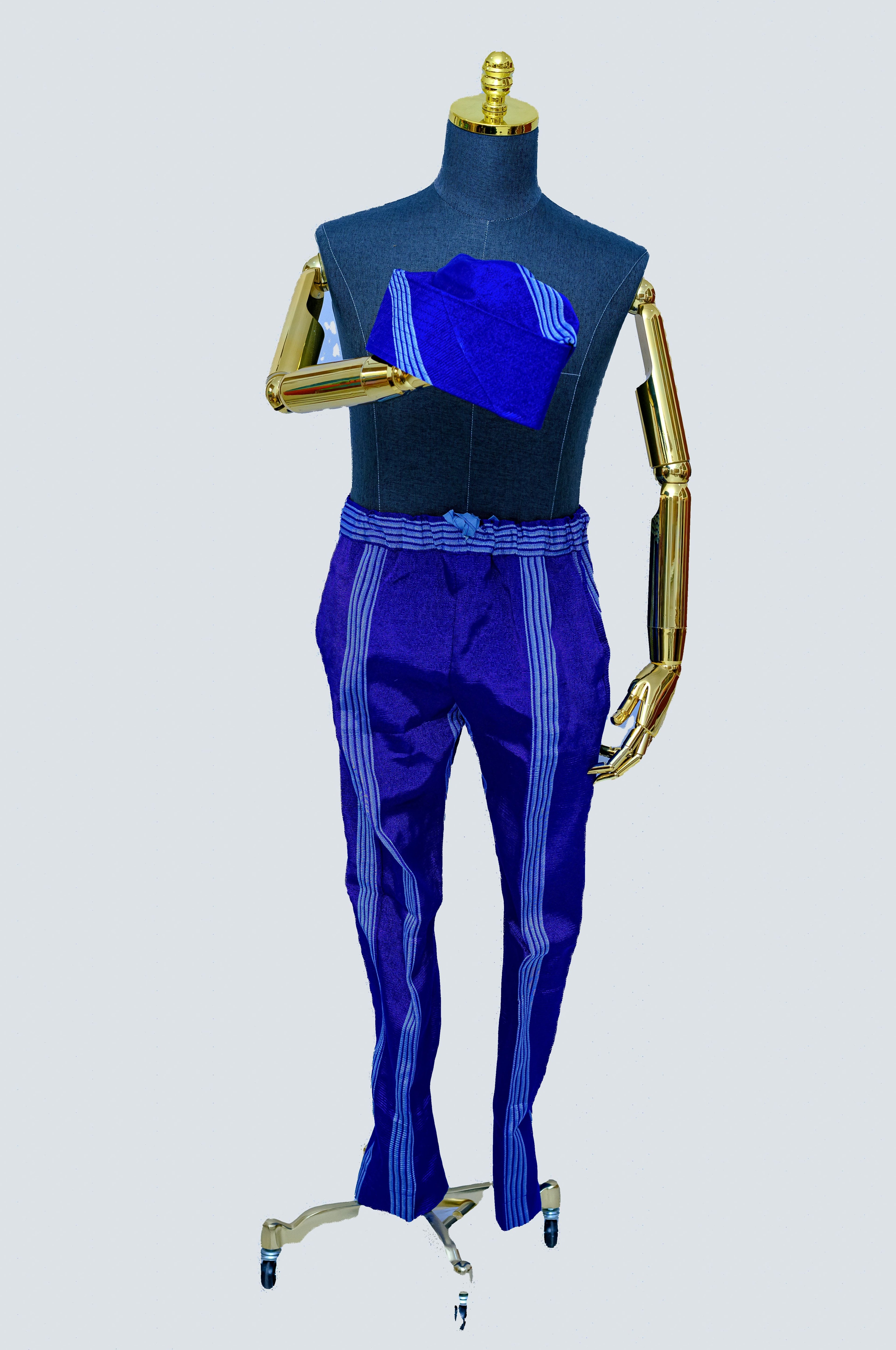Aso Oke Men’s Slim Trousers & Kufi Cap Set — Royal Blue Pinstripe