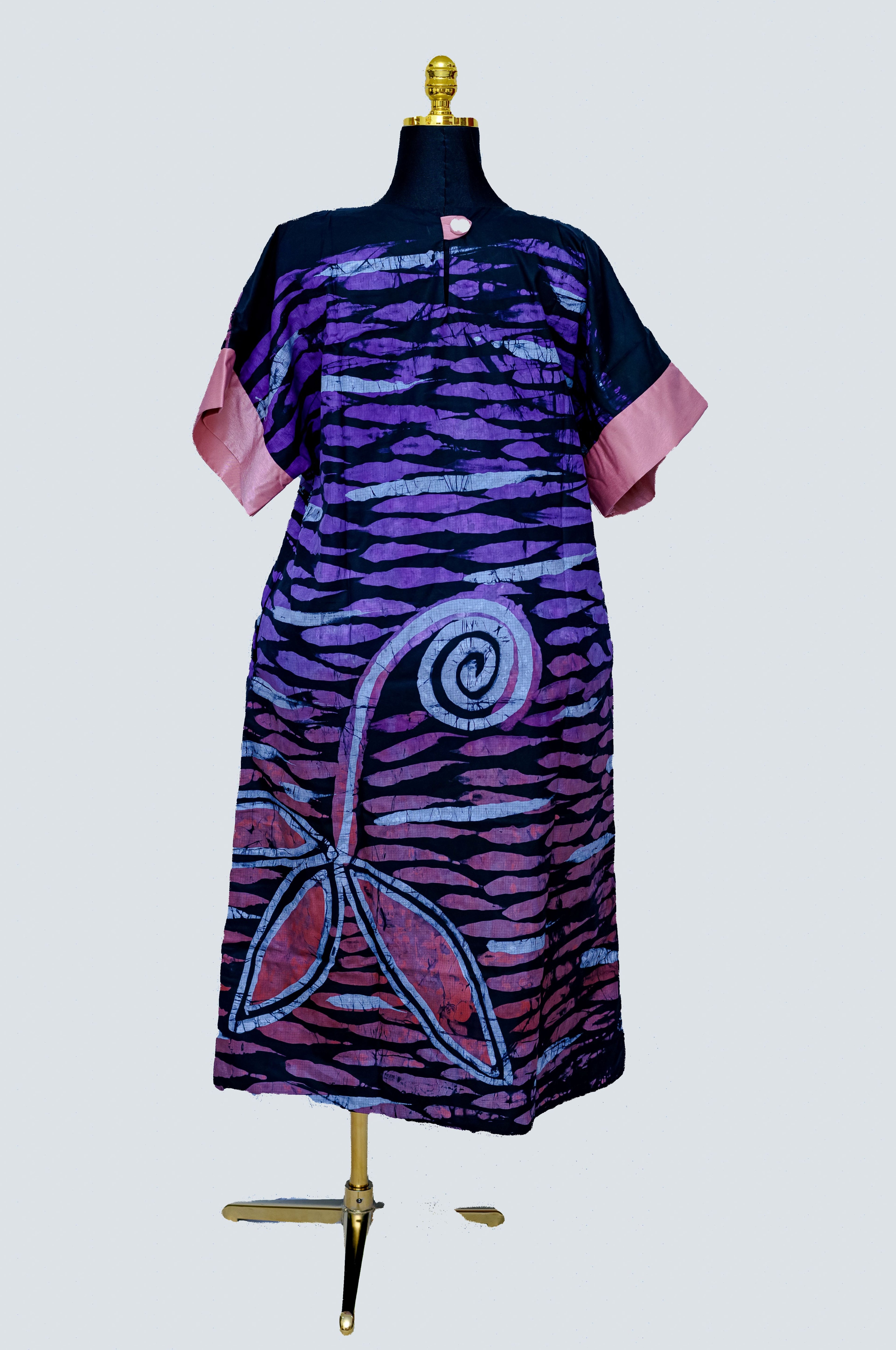 African Batik Wave & Spiral Dress — Purple & Navy Leaf Motif