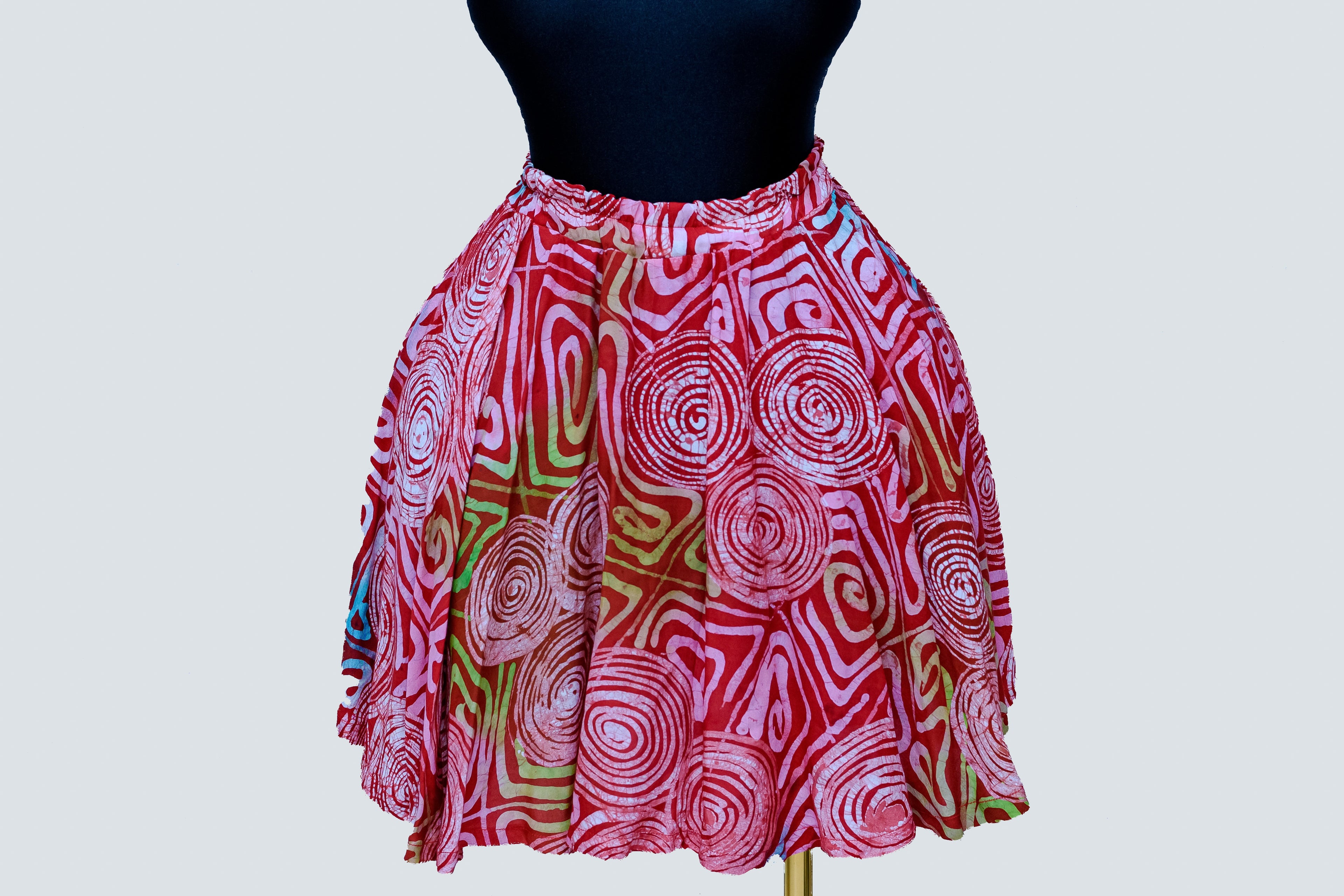 African Batik Flared Mini Skirt — Hot Pink Spiral Circle & Crimson Maze