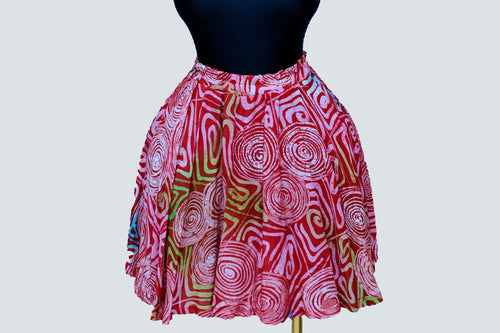 African Batik Flared Mini Skirt — Hot Pink Spiral Circle & Crimson Maze