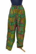 African Batik Drawstring Trousers — Rust & Green Fern Leaf Print